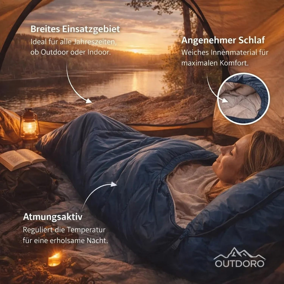 Outdoro ultraleichter Schlafsack 800g - kleines Packmass - leicht, dünn und warm - Idealer Sommersch