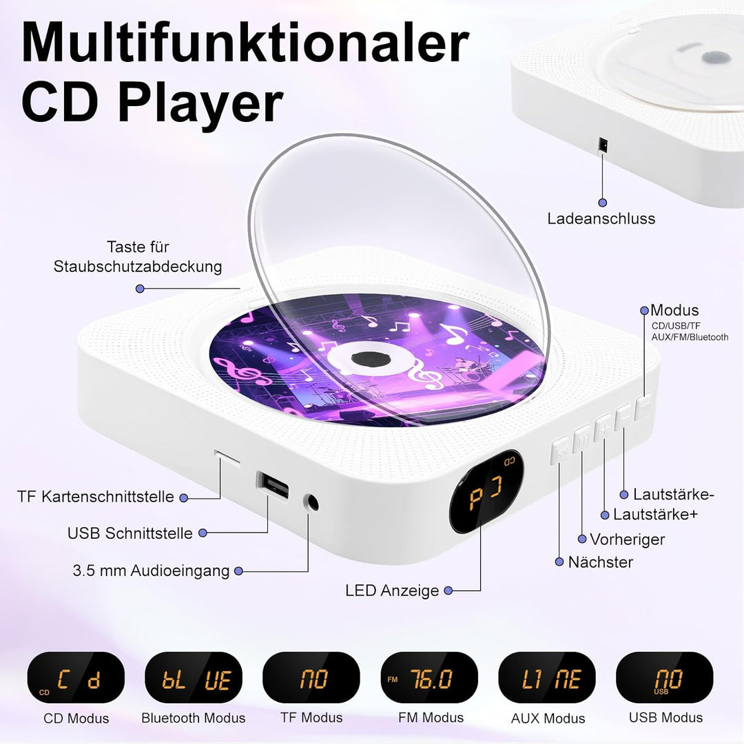 CD Player mit Radio Boombox - Canareen Upgrade Bluetooth CD Player mit Staubschutz & LED Bildschirm