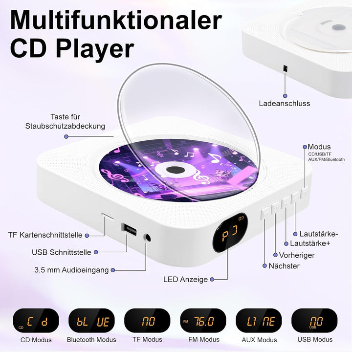 CD Player mit Radio Boombox - Canareen Upgrade Bluetooth CD Player mit Staubschutz & LED Bildschirm