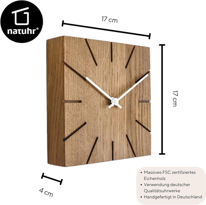 Natuhr Wanduhr Tischuhr Eiche Holz - Beam - geräuscharm Massivholz Design 17 x 17 cm (Räuchereiche W