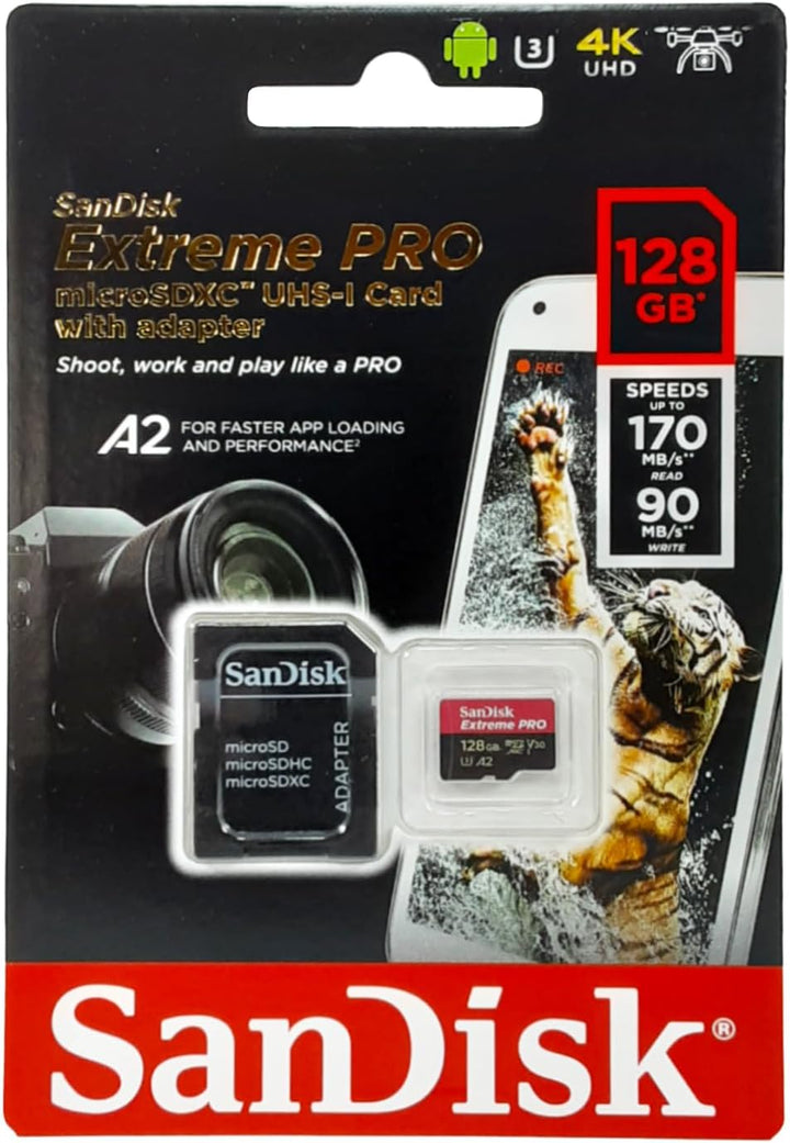 SanDisk Extreme Pro 128GB microSDXC Memory Card + SD Adapter with A2 App Performance + Rescue Pro De