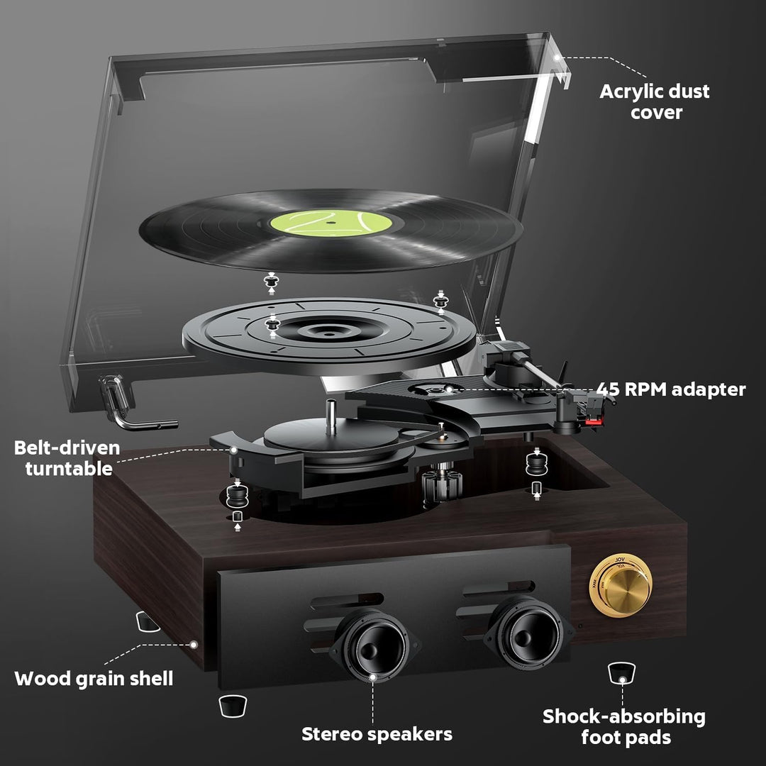 FYDEE Vintage Vinyl Plattenspieler mit integrierten Lautsprechern, Bluetooth 5.4 Vinyl-Player, 3 Ges