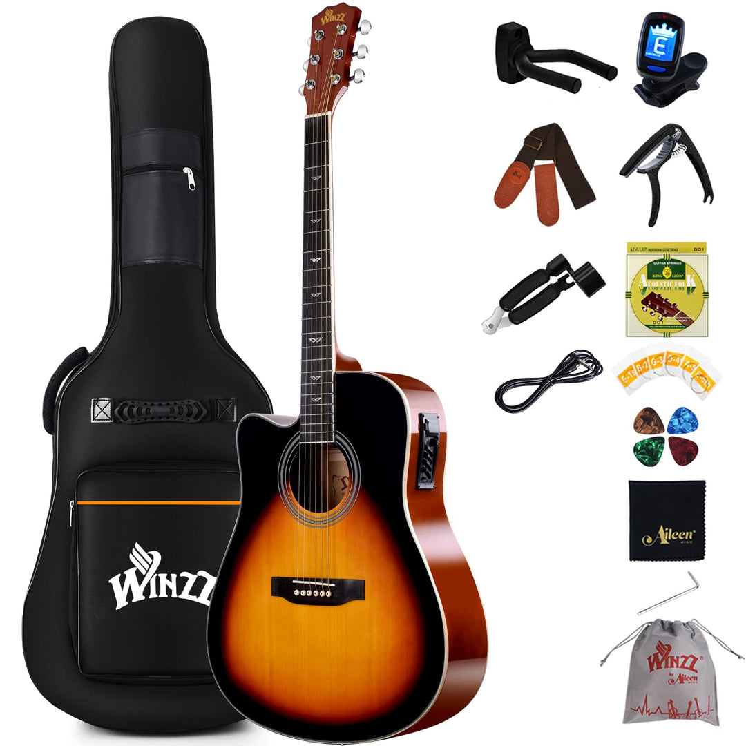 Winzz 4/4 Elektro-Akustische Gitarre, Linkshänder Westerngitarre Set Erwachsene Anfänger, Akustikgit