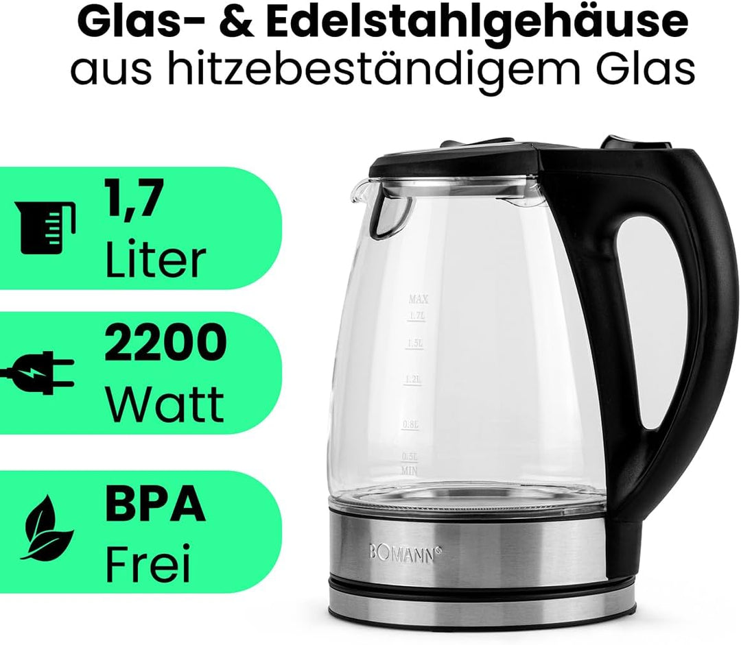 Bomann® Wasserkocher Edelstahl 1,7 Liter | BPA frei | Glaswasserkocher | 2200W | Sicherheitsglas | W