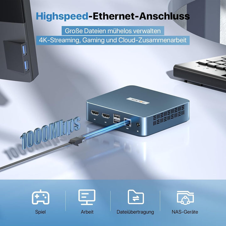 PELADN WI-6 Mini PC, 12th Gen N100 (bis zu 3,4 GHz), 16 GB DDR4 RAM, 512 GB M.2 SSD, 4K Dual Display