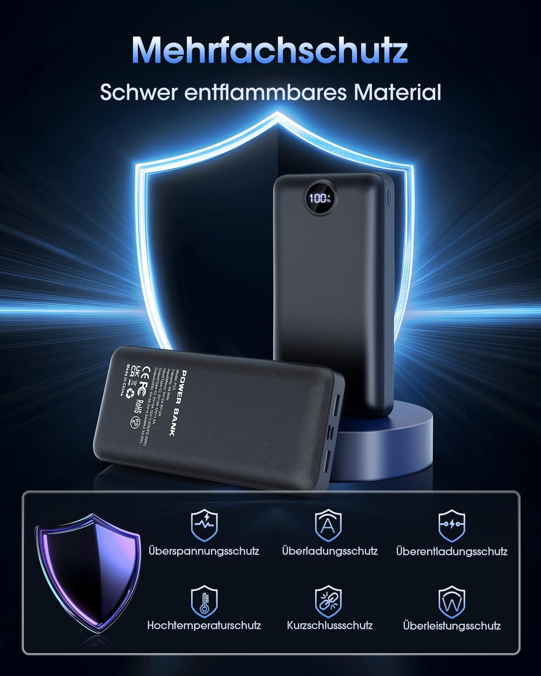 PowerBank 50000mAh grosse kapazität, 22,5W schnelles Aufladen USB-C 3 Ausgänge und 2 Eingänge LED ex