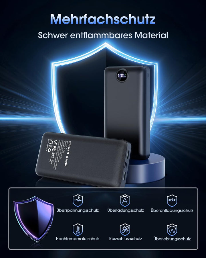 PowerBank 50000mAh grosse kapazität, 22,5W schnelles Aufladen USB-C 3 Ausgänge und 2 Eingänge LED ex