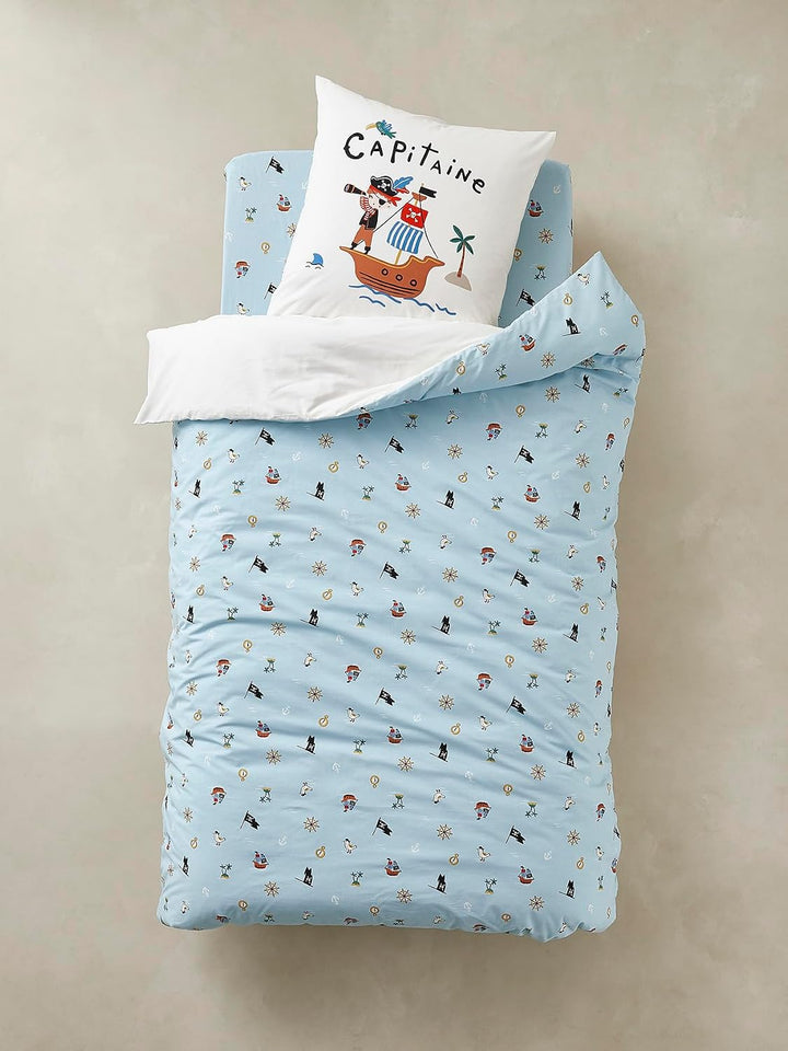Vertbaudet Kinder Bettwäsche-Set „Piraten Kapitän“ wollweiss/blau Bedruckt 140X150 - Kissen 63X63 14