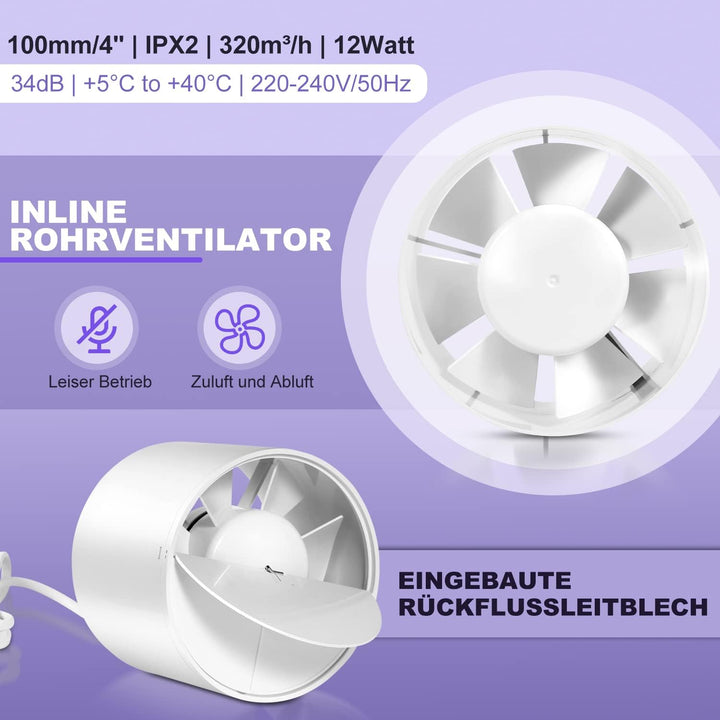 Ikodm Rohrventilator 100 mm Inline Abluftventilator 130 m3/h Rohrlüfter mit Rückstauklappe und EU-St