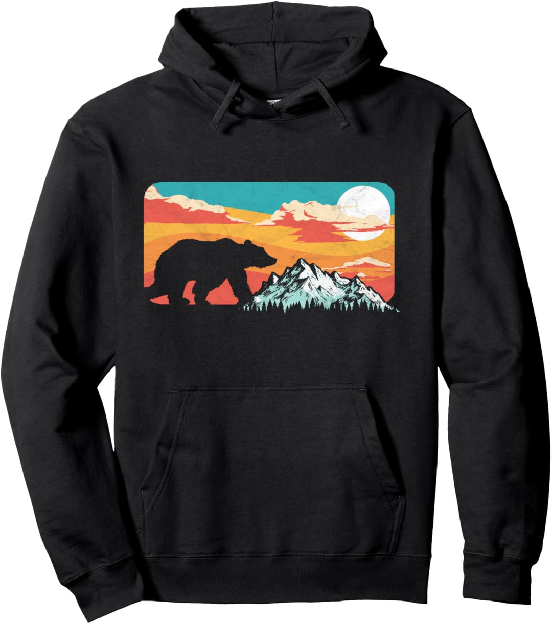 Retro Bear & Mountain Vintage 80s Graphic Pullover Hoodie