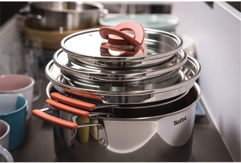 Tefal OptiSpace Set mit 3 Töpfen + 3 Deckeln, 18, 20 und 24 cm, Edelstahl, 3 flache Deckel, rutschfe