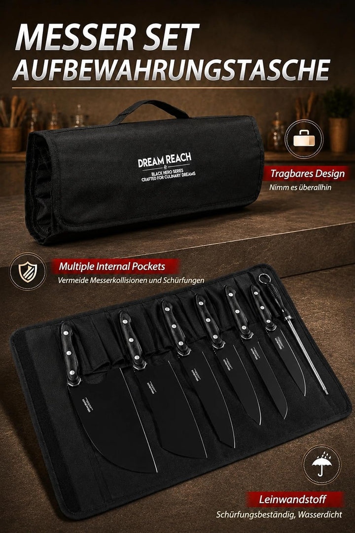 Dream Reach Küchenmesserset mit Wetzstähle - 6-teilig Scharfes Messerset mit Tragbare Messertasche,