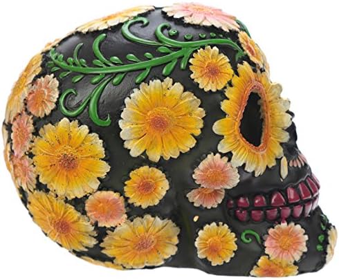Puckator Day of The Dead Totenkopf mit Blumenmuster, Polyresin, Gelb/Grün/Pink/Schwarz, 15 x 10,5 x