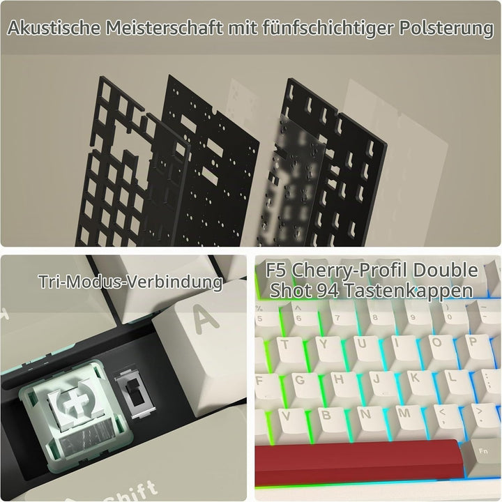 LQXQ SK75 75% Aluminium Wireless Mechanical Tastatur ANSI US, Pre-lubed POM Switches RGB Creamy Gami