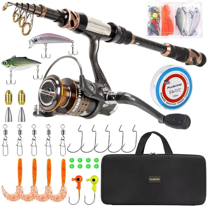PLUSINNO Angelrute und Rolle Combos – Kohlefaser Teleskop-Angelrute – Spinnrolle 12 + 1 geschirmte K