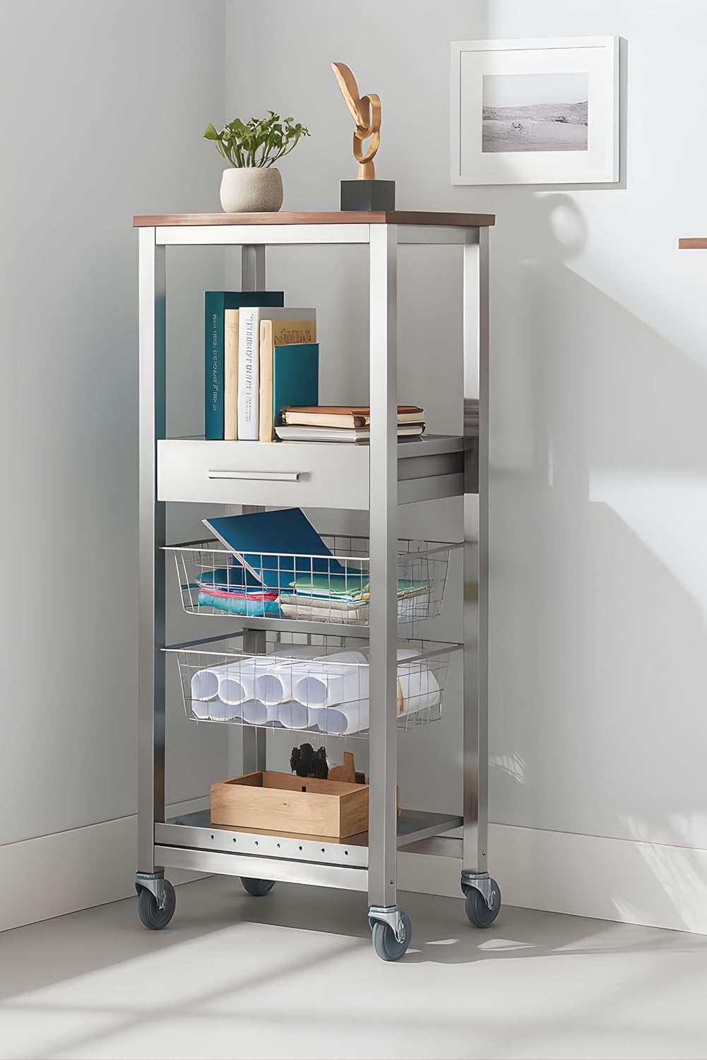 DON HIERRO -Küchenwagen ONDA Alto – Metall-Beistellmöbel in Aluminiumoptik mit 2 Körben, Schublade u