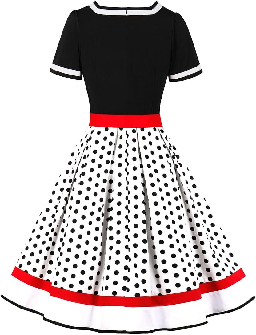 Rockabilly Kleider Damen 50er Jahre Vintage Kurzarm V-Ausschnitt Polka Dot Swing Coctailkleid Hochze