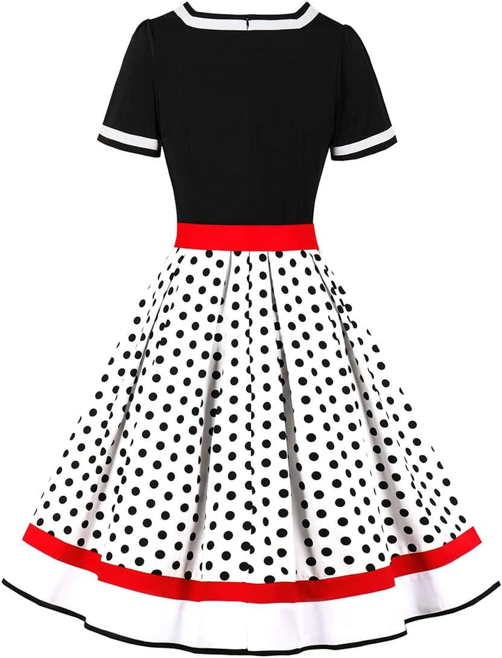Odizli Rockabilly Kleider Damen 50er Jahre Vintage Kurzarm V-Ausschnitt Polka Dot Swing Coctailkleid