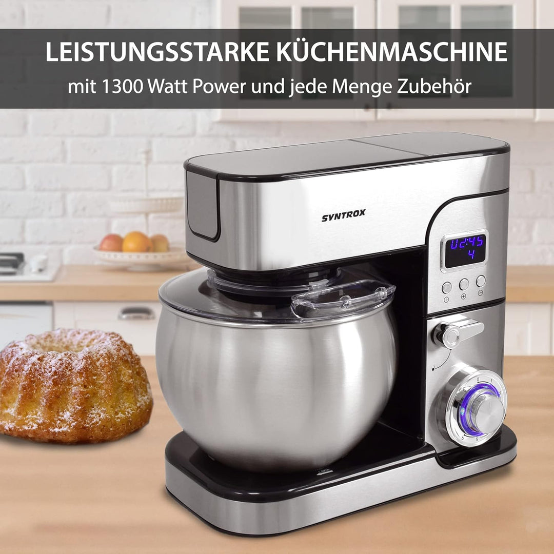 Syntrox Germany KM-1300W de Luxe Marseille Küchenmaschine Knetmaschine Mixer, Edelstahl-Behälter, 6