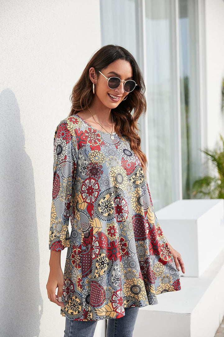 Enmain Damen Tunika Shirt Langarm/Kurzarm Bluse mit Blumen Longshirt Casual Elegante 3/4 Ärmel Rundh