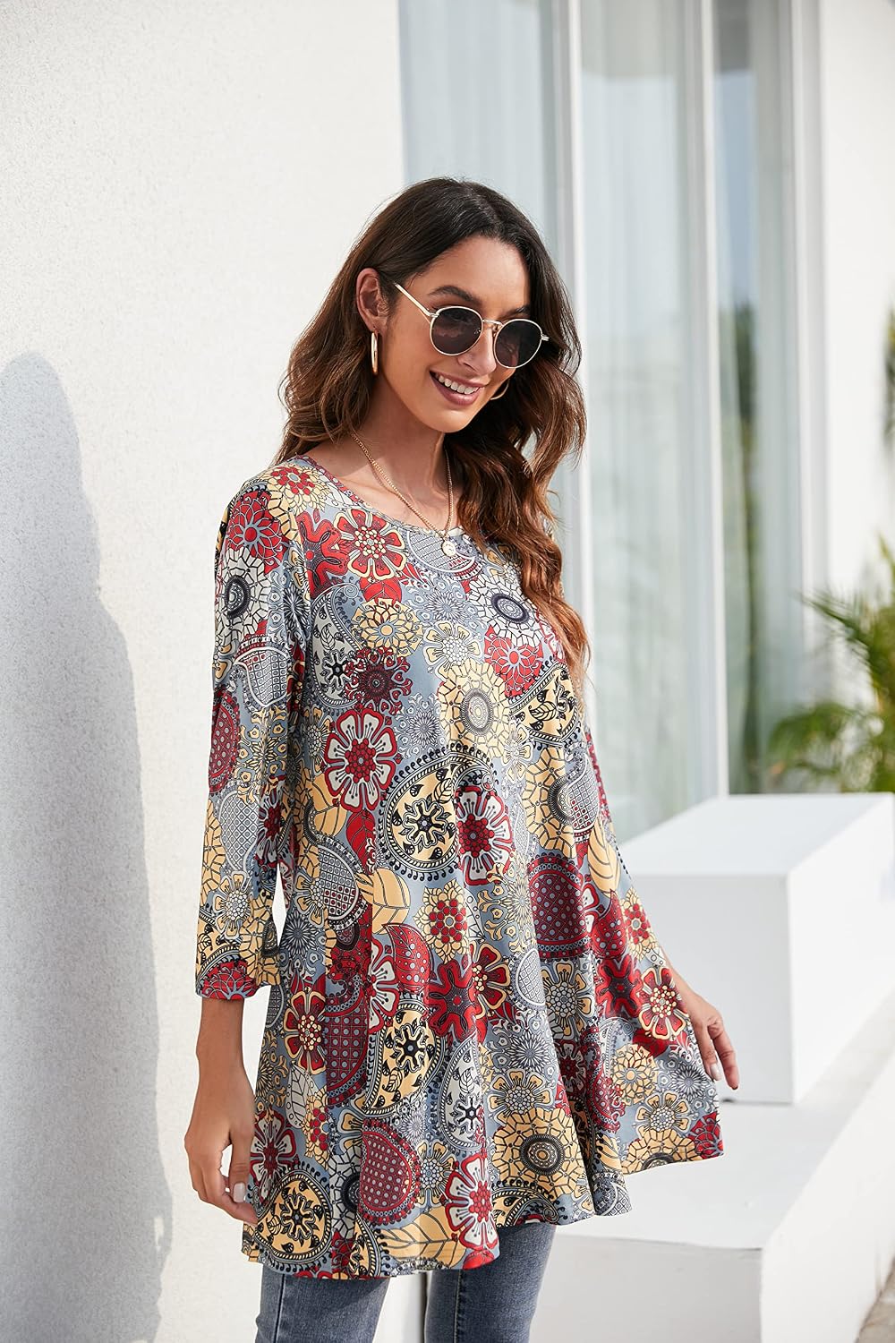 Enmain Damen Tunika Shirt Langarm/Kurzarm Bluse mit Blumen Longshirt Casual Elegante 3/4 Ärmel Rundh