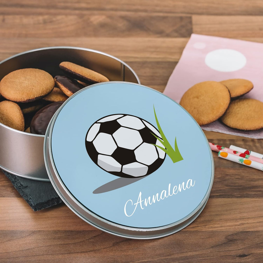 STEMPEL-FABRIK Geschenkdose Rund mit Aufdruck - Motiv Fussball - Personalisiertes Geschenk - Keksdos