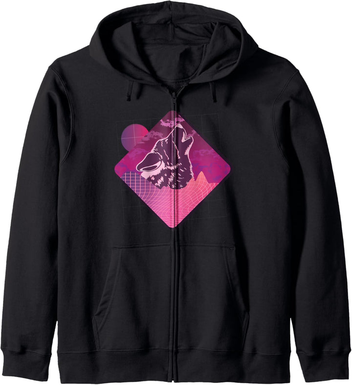 Vaporwave Howling Wolf | Retrowave Style 80er 90er Grafik Kapuzenjacke