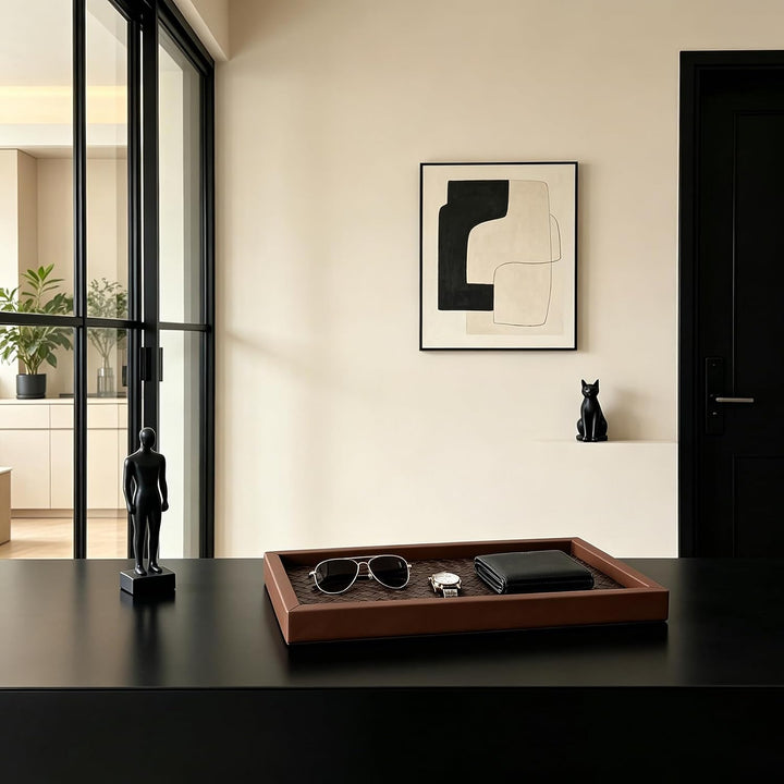 SANZIE Geflochtenes Leder Tablett für Schmuck Aufbewahrungstisch Tisch Organizer für Schlüssel, Tele