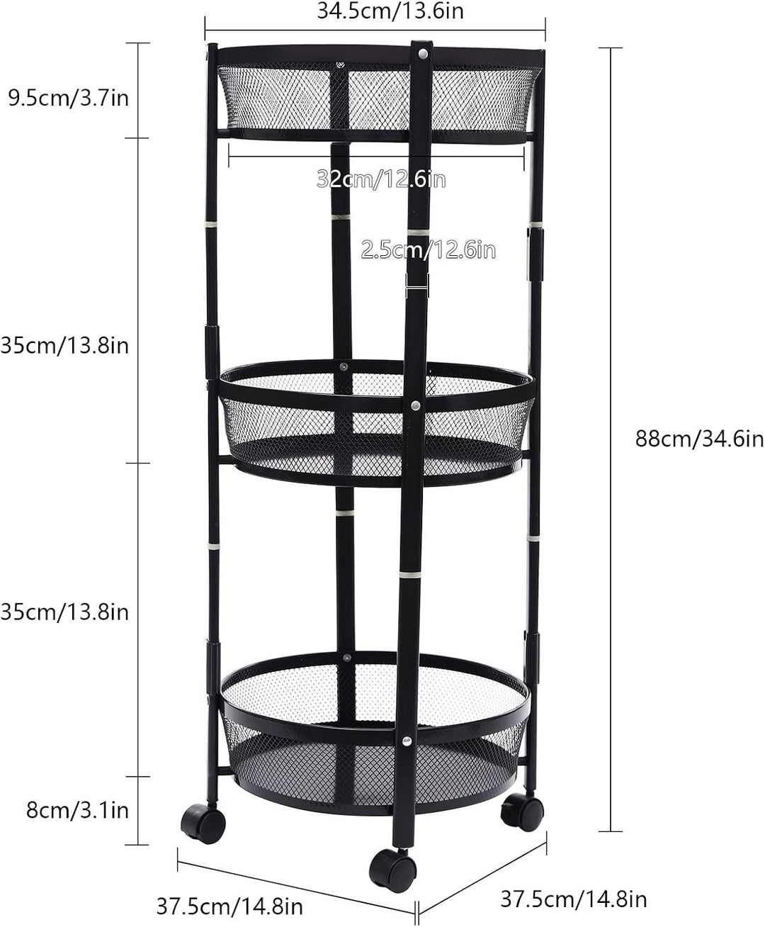 Gemüsewagen 3-stufig 37.5x37.5x88 cm schwarz mit Rollen für Küche | Aufbewahrungsregal mit 4 Rädern