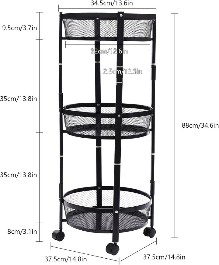 Gemüsewagen 3-stufig 37.5x37.5x88 cm schwarz mit Rollen für Küche | Aufbewahrungsregal mit 4 Rädern