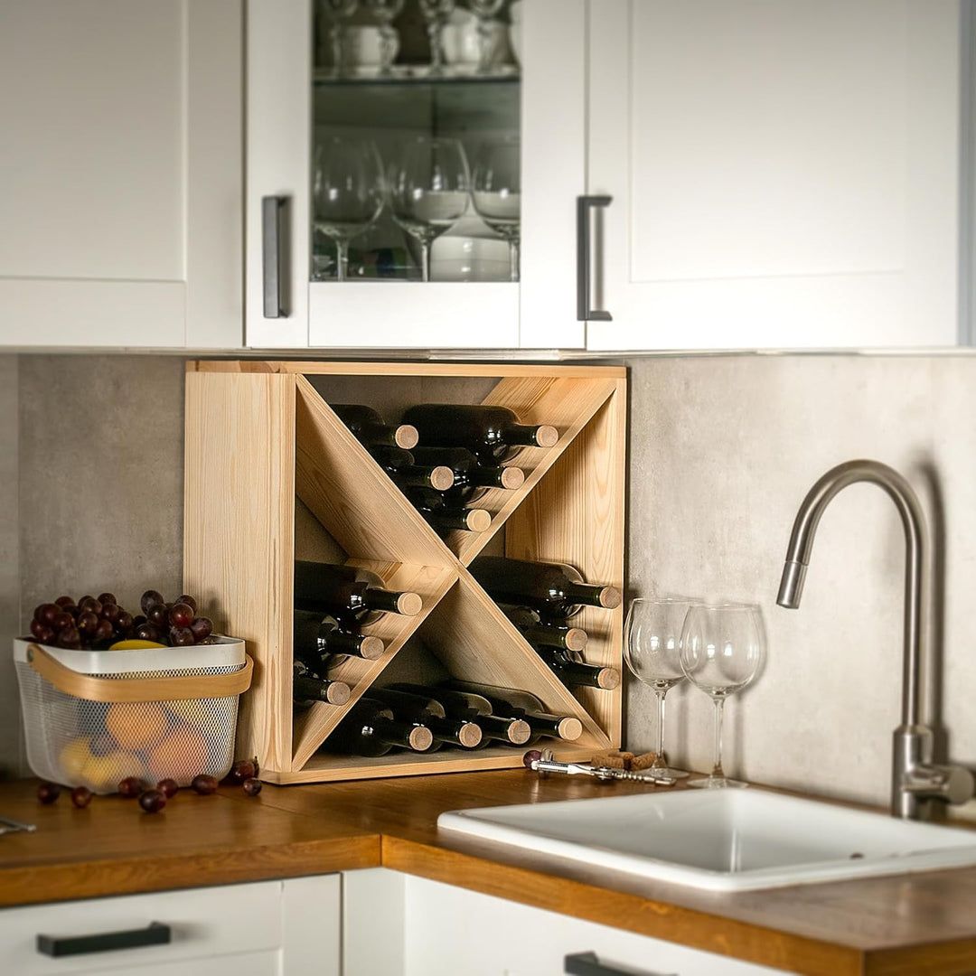 KADAX Weinregal aus Holz, 52 x 25.5 x 52 cm, Grosses Flaschenregal für viele Weinflaschen, rustikale