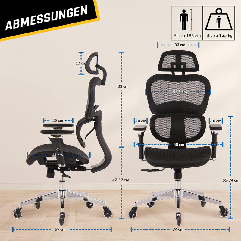 KLIM K800 Ergonomischer Bürostuhl - NEU 2023 - Ergonomischer Sitz mit dynamischer Lendenwirbelstütze