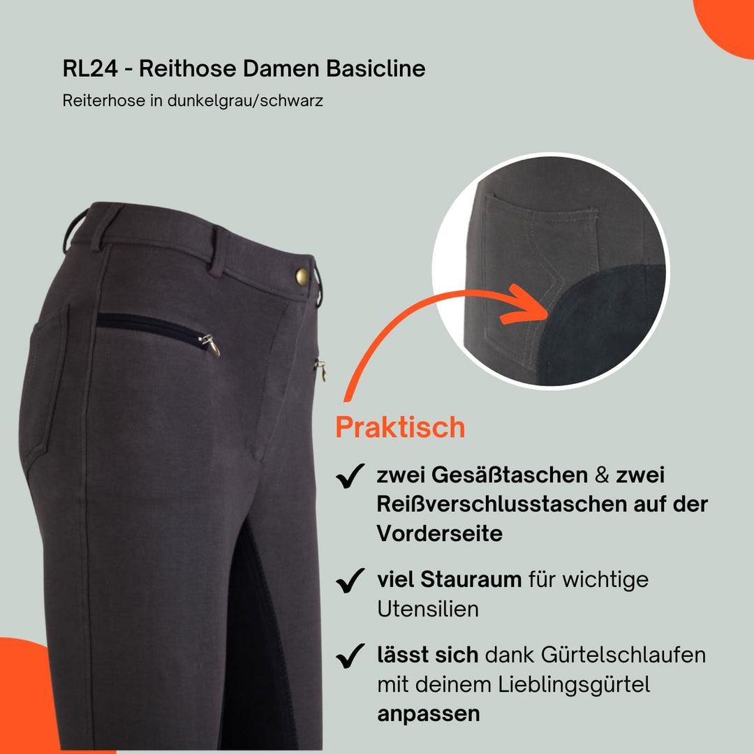 RL24 Damen Reithose Vollbesatz Flex BASICLINE 38 Dunkelgrau/Schwarz, 38 Dunkelgrau/Schwarz