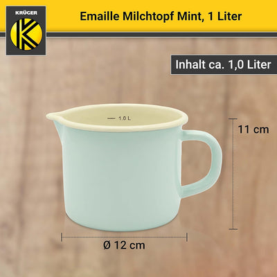 Krüger Emaille-Milchtopf Mint 12cm, 1 Liter - Topf mit Vollkontaktboden für energiesparendes Kochen