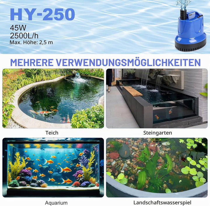 EXLECO Aquarium Pumpe 45W 2500L/H, Schmutzwasserpumpe Tauchpumpe Flachsaugend, Kleine Wasserpumpe, A