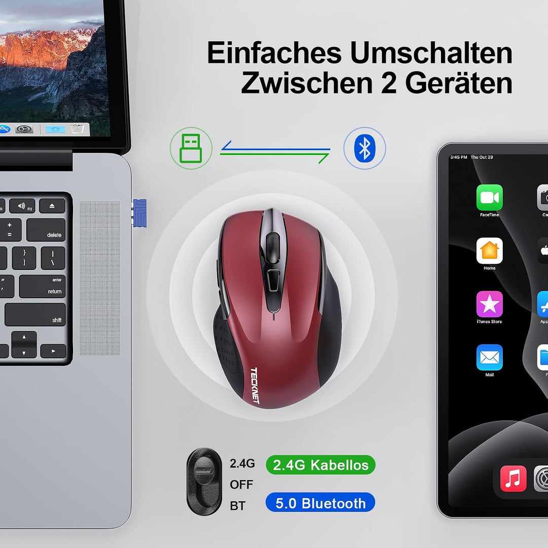TECKNET Bluetooth Maus mit Jiggler, Wiederaufladbare Maus Kabellos(DREI Modi: BT 5.0/3.0 + 2.4G), 48