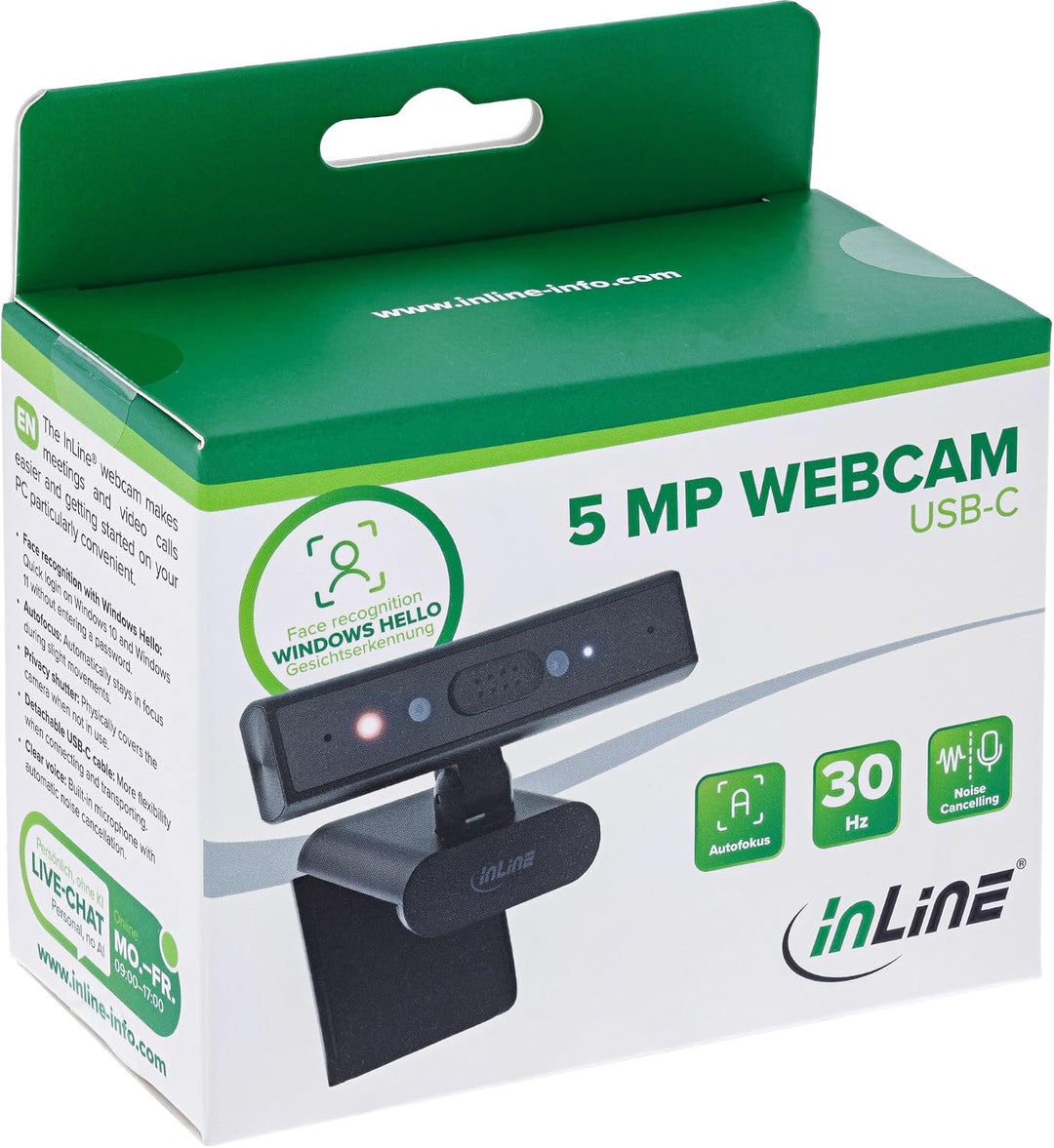 Inline 5 MP Webcam mit Autofokus, Mikrofon und Windows Hello | 5 MP Auflösung, Autofokus, integriert