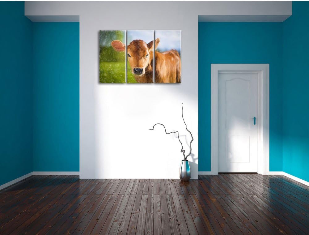 Pixxprint Junge Kuh Kälbchen als Leinwandbild | Grösse: 3 Teilig (120x80) | Wandbild| Kunstdruck | f