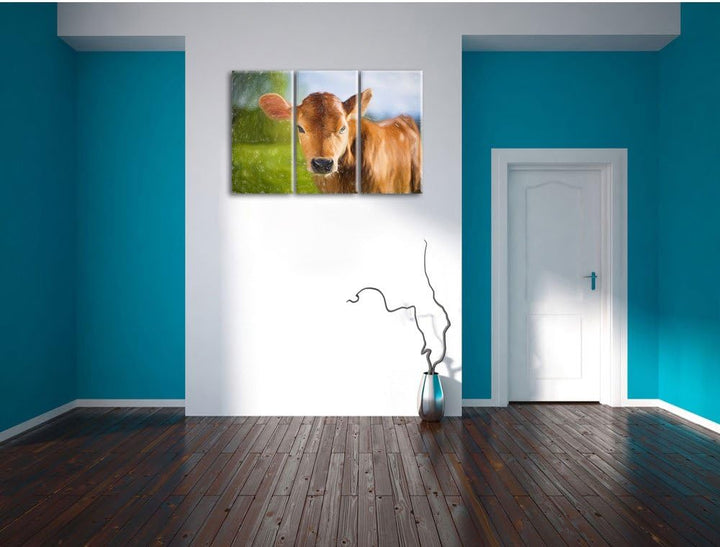 Pixxprint Junge Kuh Kälbchen als Leinwandbild | Grösse: 3 Teilig (120x80) | Wandbild| Kunstdruck | f