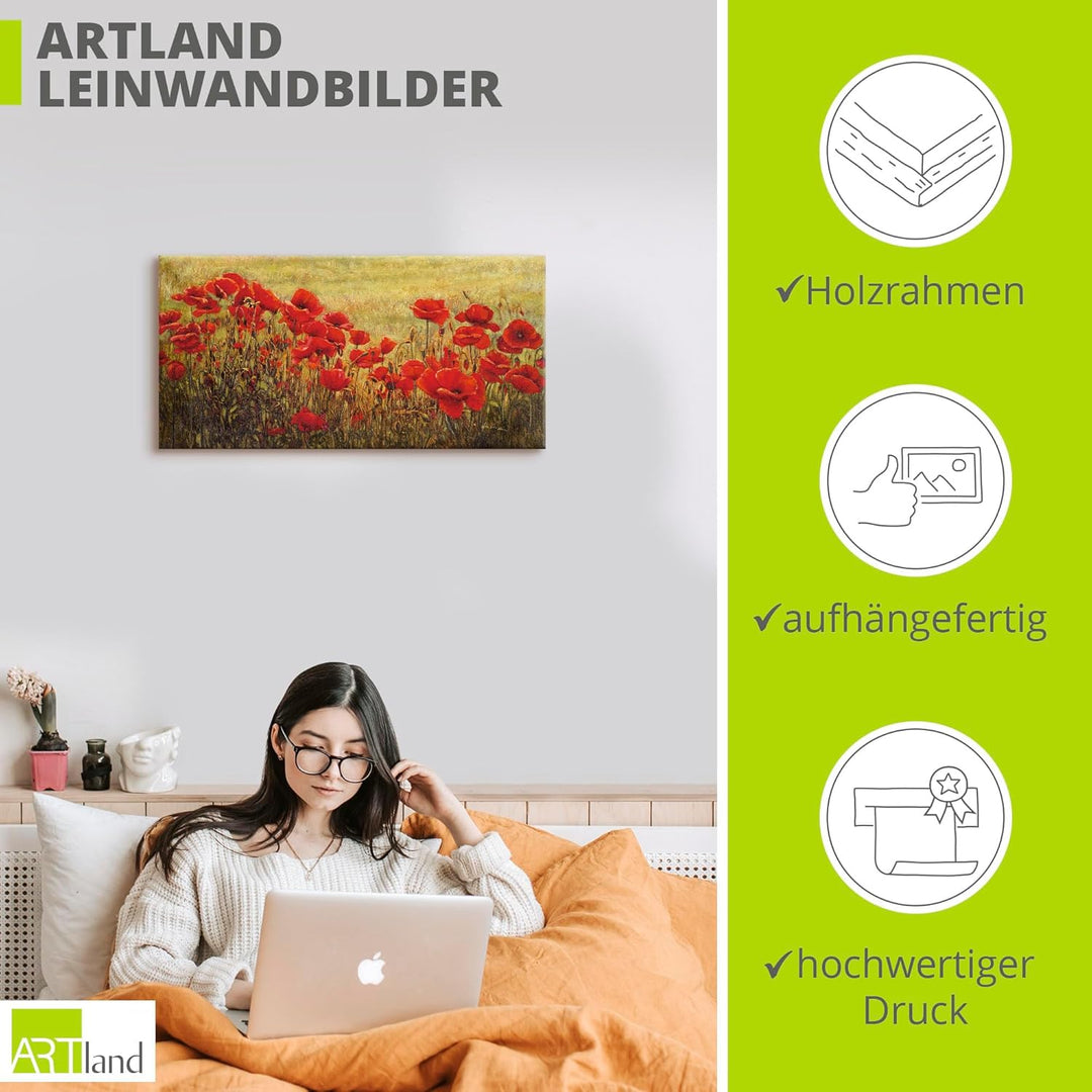 ARTland Leinwandbilder Wandbild Bild auf Leinwand 100 x 50 cm Botanik Blumenwiese Mohnblume Malerei