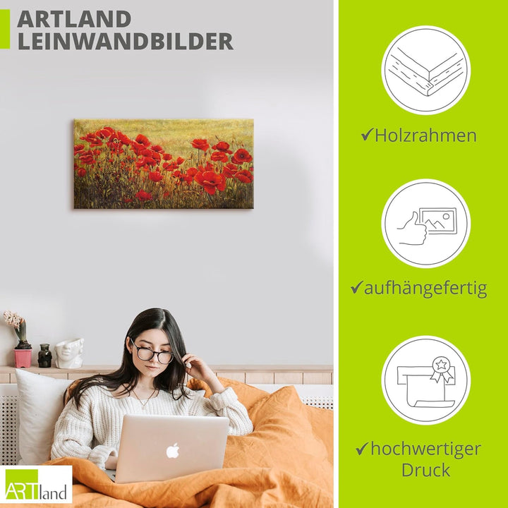 ARTland Leinwandbilder Wandbild Bild auf Leinwand 100 x 50 cm Botanik Blumenwiese Mohnblume Malerei