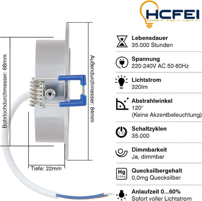 HCFEI 3er Set LED Einbaustrahler flach FLAT DIM 120° 230V 3W Warmweiss 3000K Einbauloch 68-75 mm, Si