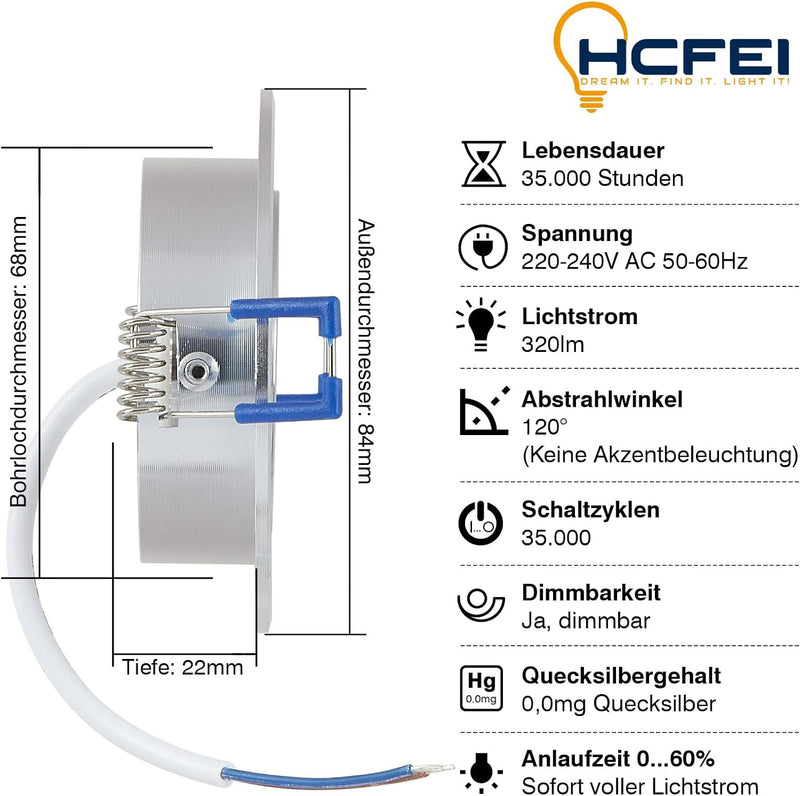 HCFEI 3er Set LED Einbaustrahler flach FLAT DIM 120° 230V 3W Warmweiss 3000K Einbauloch 68-75 mm, Si