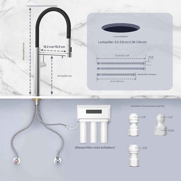 Tohlar 3 Wege Wasserhahn Küche, 360°Drehbar Küchenarmatur, 3 in 1 Mischbatterie für Wasserfilter, Ei