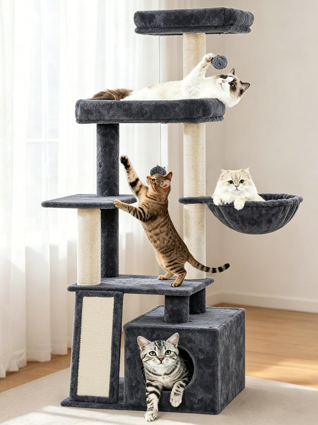 kratzbaum katze, 144 cm Katzenbaum, Mehrstöckiger katzenkratzbaum mit Kratzbrett, 4 Sisalstangen, Ge