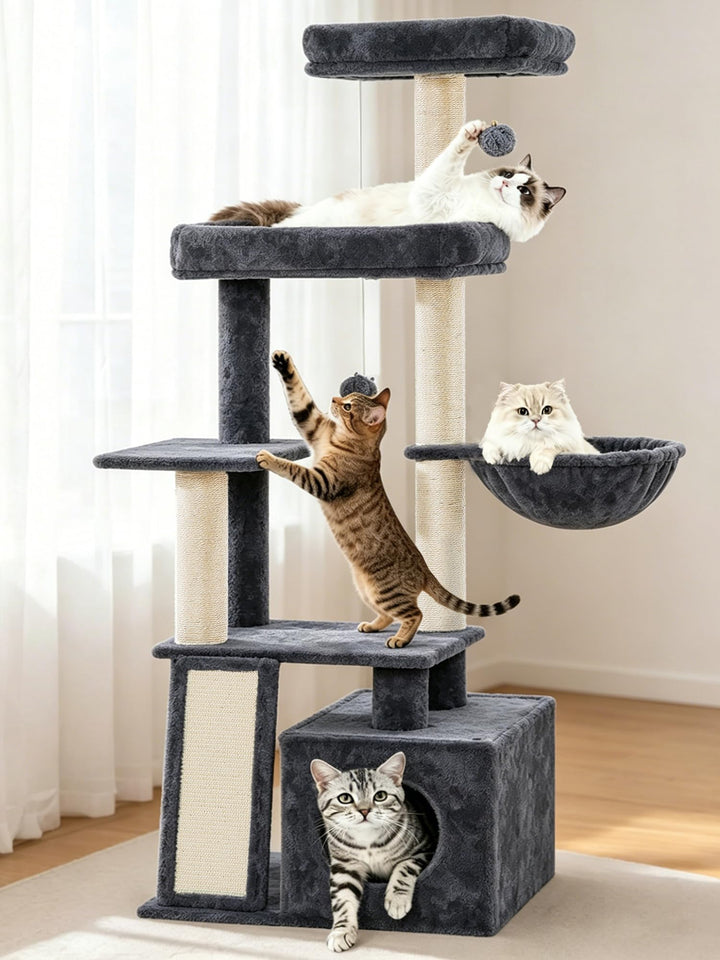 kratzbaum katze, 144 cm Katzenbaum, Mehrstöckiger katzenkratzbaum mit Kratzbrett, 4 Sisalstangen, Ge