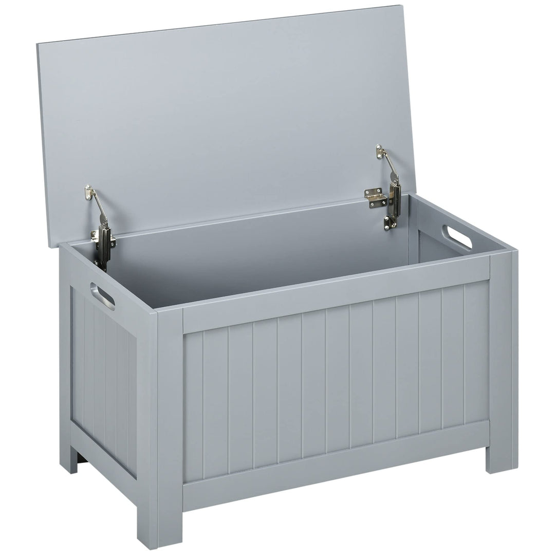HOMCOM Truhe, Aufbewahrungsbox, Auflagenbox mit Griff, Gerätetruhe mit Deckel, Holzwerkstoff, Grau,