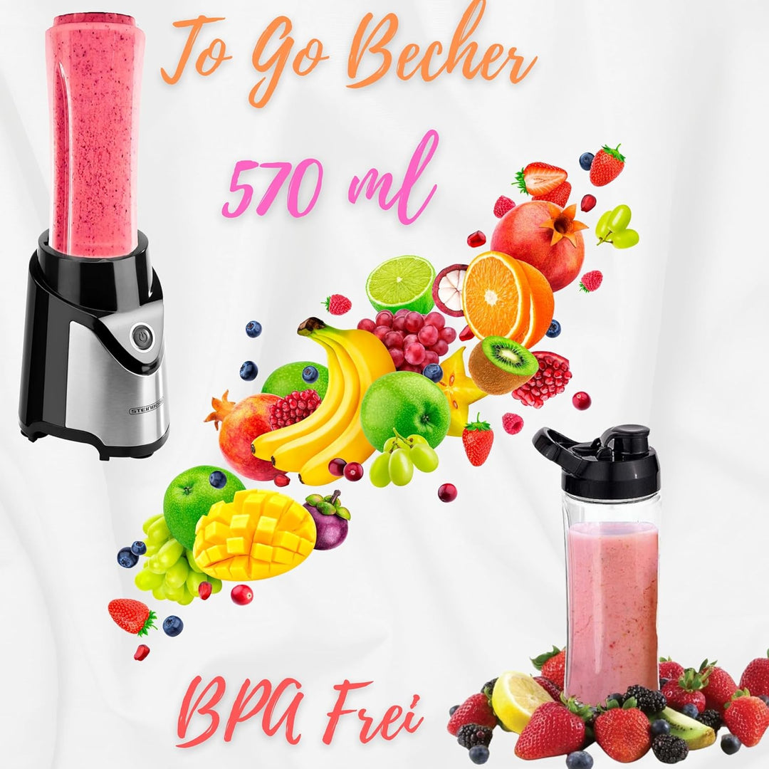 Steinborg Standmixer mit To-Go Becher | Smoothie Maker Mixer | 600 ml Glaskrug + 570 ml To-Go Becher