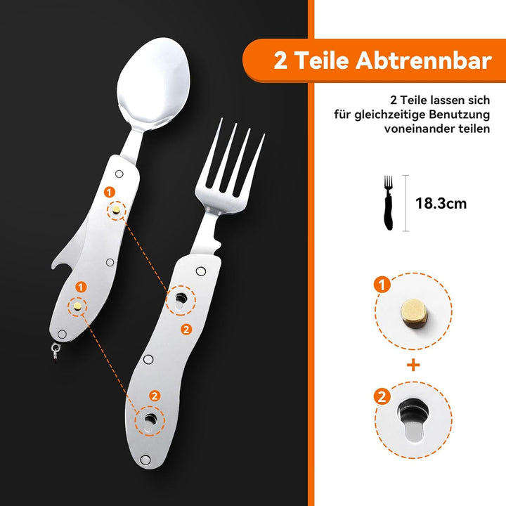 HIKENTURE® Outdoor Campingbesteck Set - Klappbesteck Outdoor Besteck aus Edelstahl mit Gürteltasche