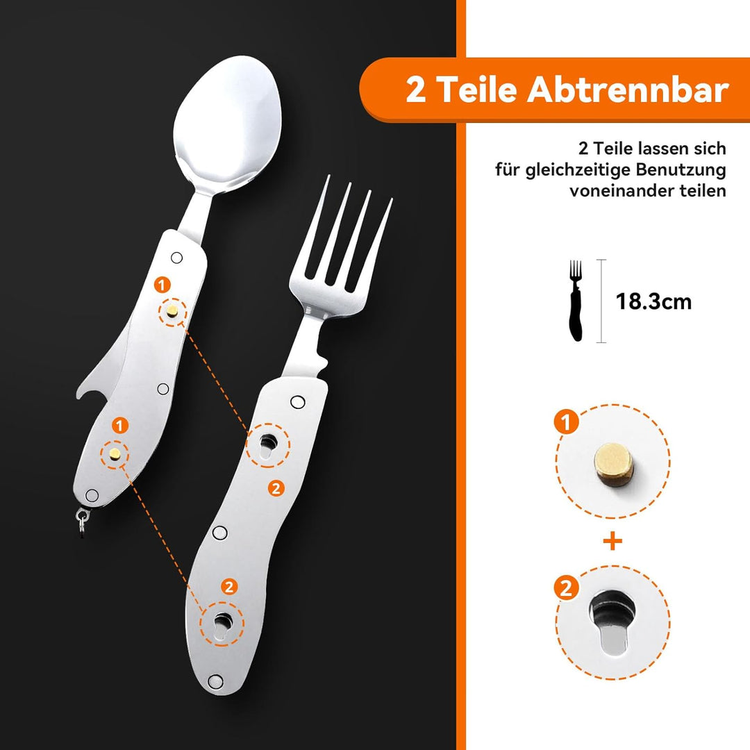HIKENTURE® Outdoor Campingbesteck Set - Klappbesteck Outdoor Besteck aus Edelstahl mit Gürteltasche